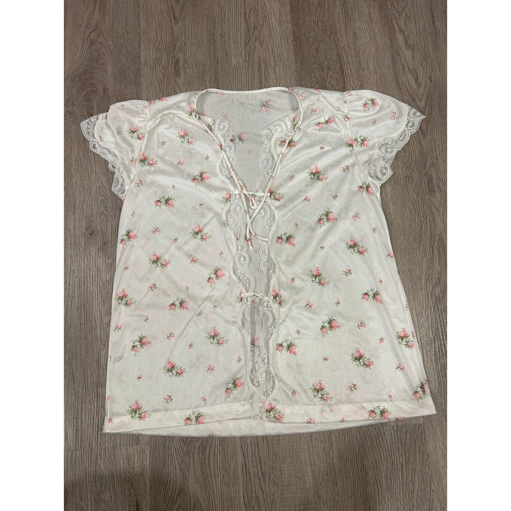 Barad & Co Pajama Top Womens Petite White Floral Vintage Lace Tie Front Exc